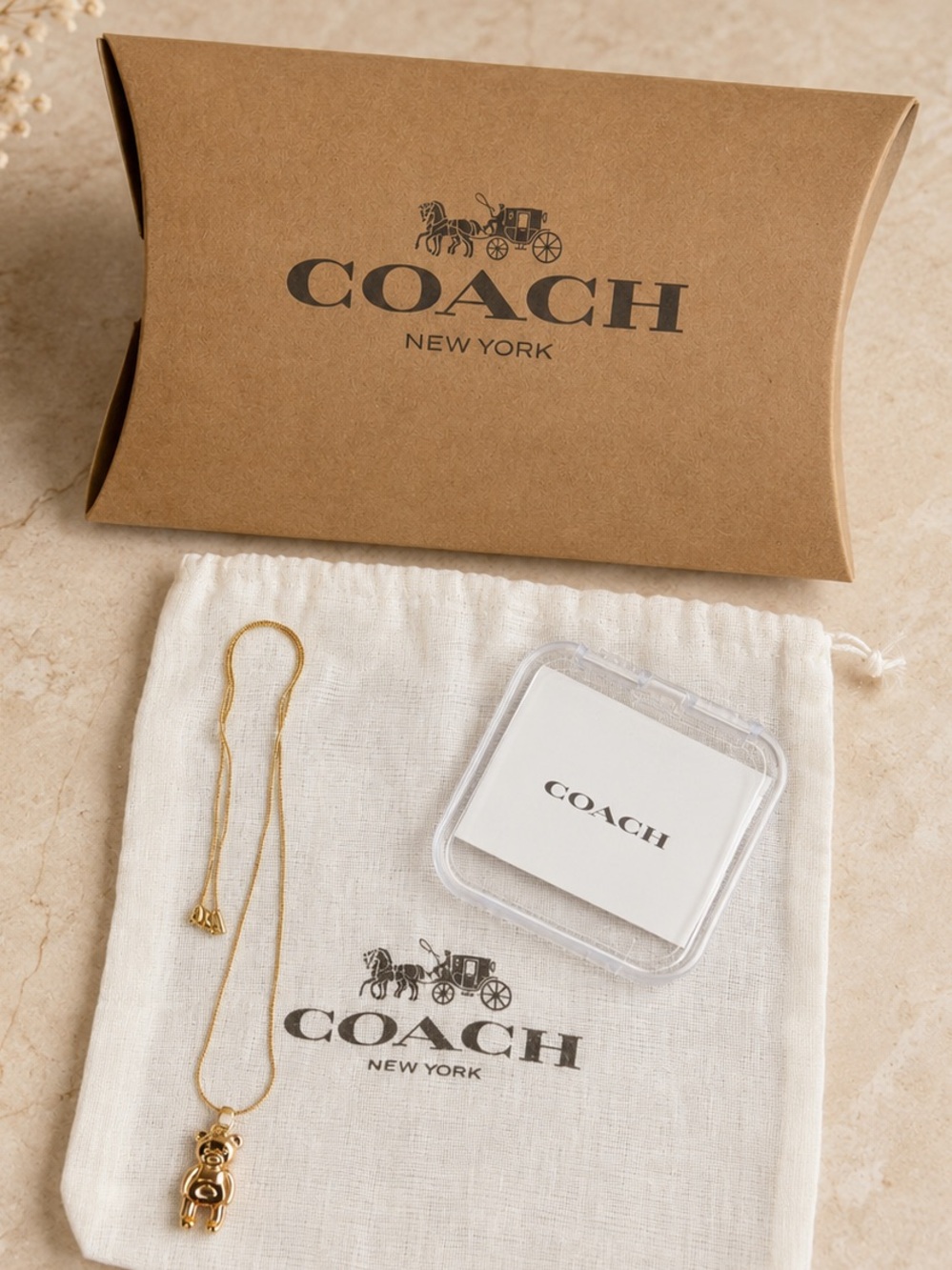 Coach Gold Teddy Bear Charm Necklace - Gold Tone